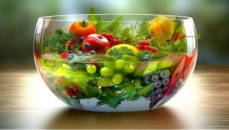 Bountiful table filled with assorted fruits and vegetables, a colorful display of healthy eating, Generative AI.の素材