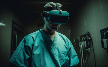 Young male surgeon donning VR goggles in operating room, enhancing medical capabilities, Generative AI.の素材