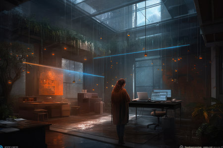 Man working diligently on a computer within a modern office setting, Generative AI.の素材