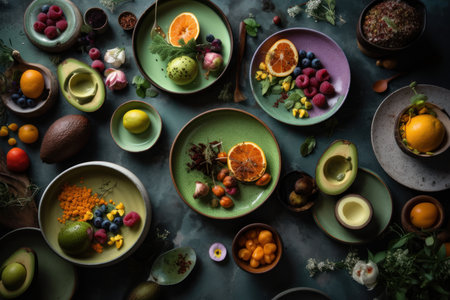 Delightful table showcasing a diverse array of fruits and vegetables for a healthy, appetizing meal, Generative AI.の素材
