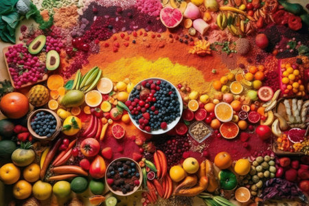 Delightful table showcasing a diverse array of fruits and vegetables for a healthy, appetizing meal, Generative AI.の素材