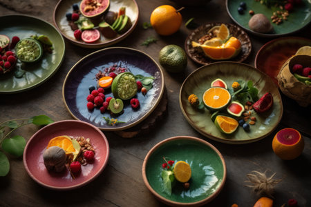 Delightful table showcasing a diverse array of fruits and vegetables for a healthy, appetizing meal, Generative AI.の素材