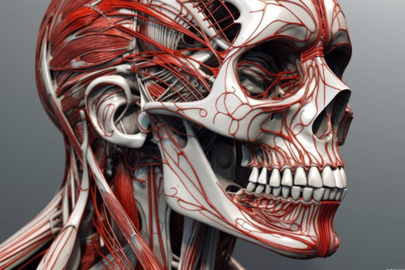 Human anatomy showcasing male muscles with nerves, isolated on black background, Generative AI.の素材