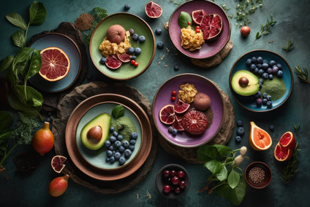 Delightful table showcasing a diverse array of fruits and vegetables for a healthy, appetizing meal, Generative AI.の素材