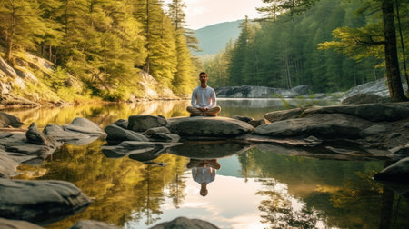 The person is sitting in a natural environment practicing meditation and yoga.の素材