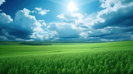 A scenic green grass field on hills under a clear blue sky. Filled with various grasses, it's used for pasturage and rural scenery.の素材