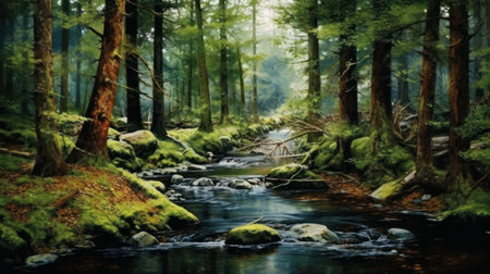 Ancient forest, tranquil river, lush green, vibrant plants, serene beauty in nature.の素材