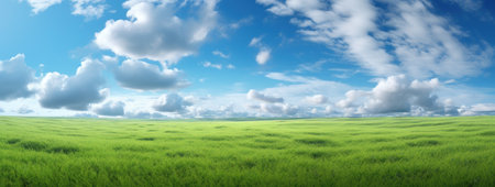 A scenic green grass field on hills under a clear blue sky. Filled with various grasses, it's used for pasturage and rural scenery.の素材