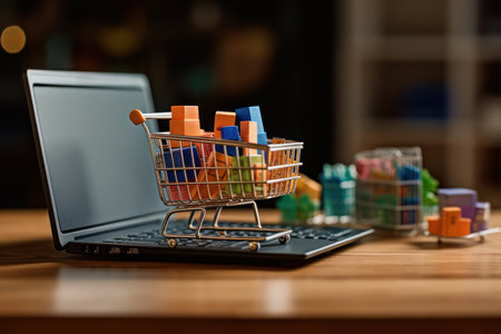The concept of online shopping is depicted through a laptop model displaying a cart and merchandise.の素材