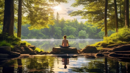 The person is sitting in a natural environment practicing meditation and yoga.の素材