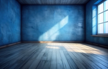 This room boasts a minimalist style, featuring a beautiful blue wall and elegant wooden flooring. The space is currently unoccupied, with a large window offering plenty of natural light.の素材