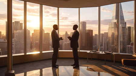 Two businessmen are shown shaking hands in front of a beautiful city skyline at dusk.の素材