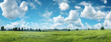 A scenic green grass field on hills under a clear blue sky. Filled with various grasses, it's used for pasturage and rural scenery.の素材