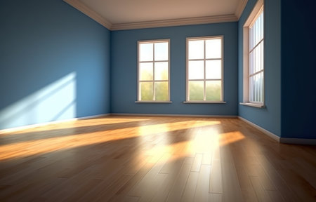 This room boasts a minimalist style, featuring a beautiful blue wall and elegant wooden flooring. The space is currently unoccupied, with a large window offering plenty of natural light.の素材
