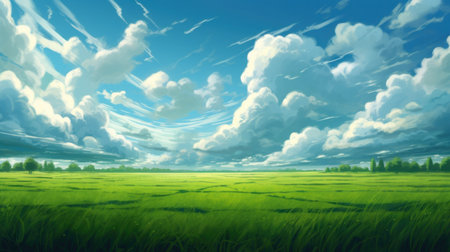 A scenic green grass field on hills under a clear blue sky. Filled with various grasses, it's used for pasturage and rural scenery.の素材