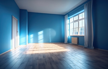 This room boasts a minimalist style, featuring a beautiful blue wall and elegant wooden flooring. The space is currently unoccupied, with a large window offering plenty of natural light.の素材