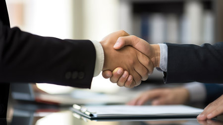During a successful gathering, associates exchanged firm handshakes, symbolizing the strength of collaboration and unity.の素材