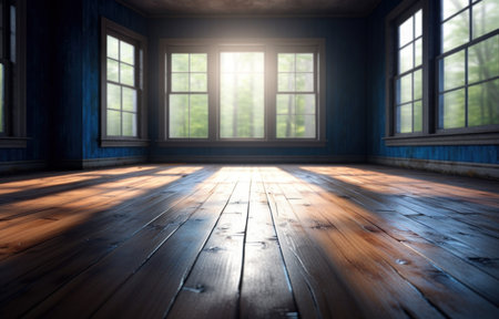 This room boasts a minimalist style, featuring a beautiful blue wall and elegant wooden flooring. The space is currently unoccupied, with a large window offering plenty of natural light.の素材