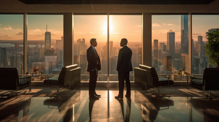 Two businessmen are shown shaking hands in front of a beautiful city skyline at dusk.の素材