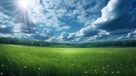 A scenic green grass field on hills under a clear blue sky. Filled with various grasses, it's used for pasturage and rural scenery.の素材