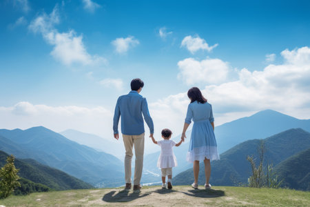 Family bonding time with scenic mountain backdrop. Ideal for themes of travel, parenting, and nature.の素材
