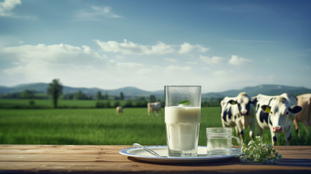 Fresh milk glass on wooden table against pastoral cattle farm landscape.の素材