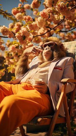 Stylish baboon in suit enjoys coffee amidst blossoming trees, depicting relaxation and humor.の素材