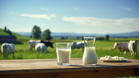 Fresh dairy milk in glass and jug on wooden table with cows in sunny meadow background.の素材