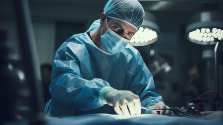 Focused surgeon in operation theater, intense medical procedure.の素材