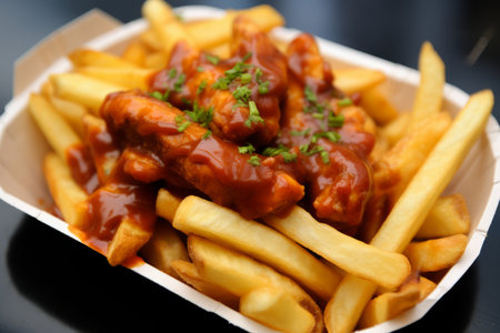 Savory currywurst with fries, garnished with parsley, perfect for food and culinary themes.の素材