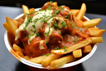 Savory currywurst with fries, drizzled with creamy sauce and sprinkled with fresh herbs, perfect for food menus.の素材