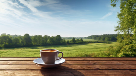 Coffee cup on wooden table over rural landscape. Morning freshness concept.の素材