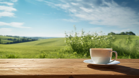 Serenity in a cup: coffee on wooden table with lush green hills and blue sky backdrop.の素材