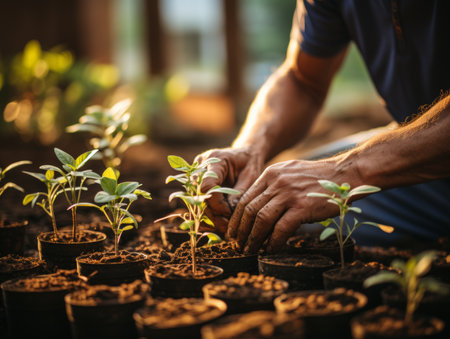 Person tending to young plants in pots, symbolizing growth, care, and sustainable agriculture.の素材