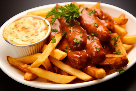 Savory meatballs in rich gravy over golden fries with dipping sauce, garnished with parsley.の素材
