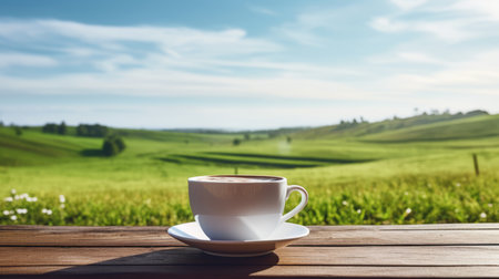 Serenity in a cup: Coffee on wooden table with expansive green field and blue sky backdrop. Ideal for relaxation and lifestyle themes.の素材