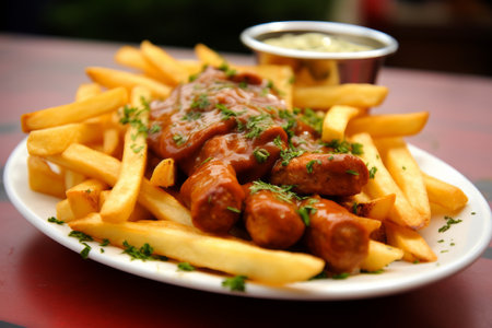 Savory currywurst with crispy french fries and dipping sauce, garnished with parsley.の素材