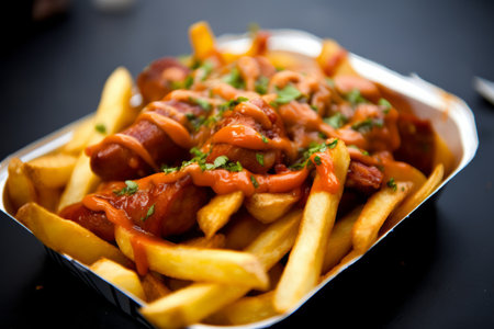 Savory fries topped with hotdog slices & drizzled with ketchup, garnished with herbs.の素材