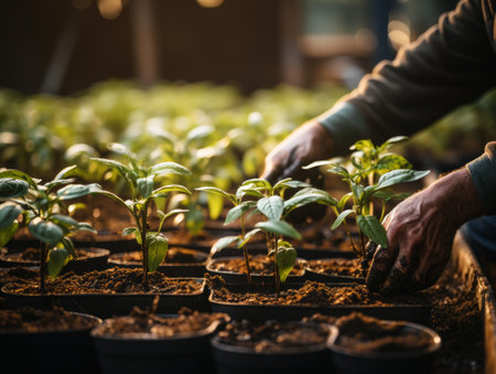 Gardener nurturing seedlings in sunlight. Eco-friendly agriculture, organic farming concept.の素材