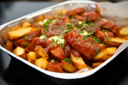 Delicious currywurst with fries, drizzled with curry sauce and garnished with parsley, in a takeaway container.の素材