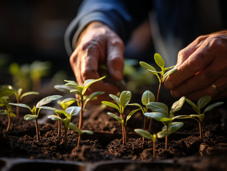 Close-up of hands nurturing young plants in soil, symbolizing growth and environmental care.の素材