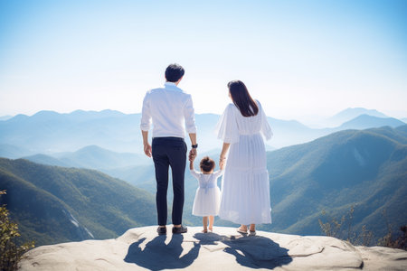 Family on a hike enjoying a scenic mountain view.の素材