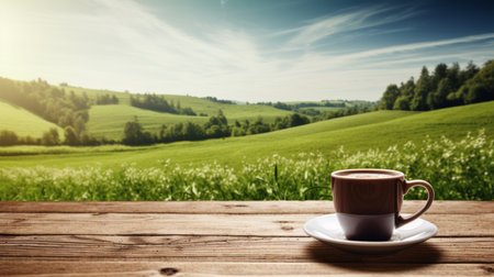 Morning coffee on a rustic wooden table with serene meadow view.の素材
