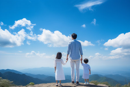 Family gazing at skyline on mountain peak, symbolizing hope, unity, and future. Ideal for lifestyle and travel themes.の素材