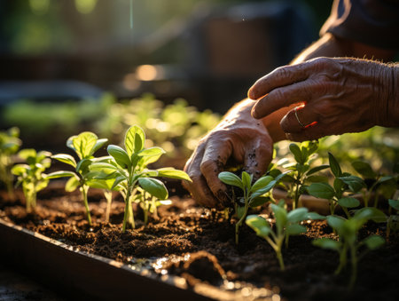 Gardener nurturing seedlings in sunlight, focus on hands with soil, growth concept.の素材