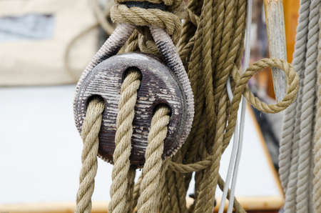rope and tackle on one old sailboat made of woodの写真素材