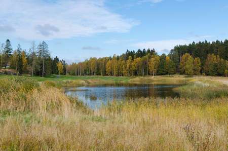 one autumn day at the golf cource the color is lovely and the sky is blueの写真素材