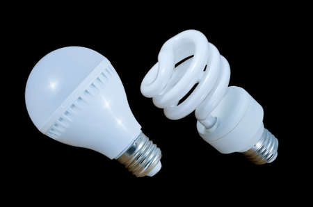 variety of lamps, fluorescent and LED bulb on black background