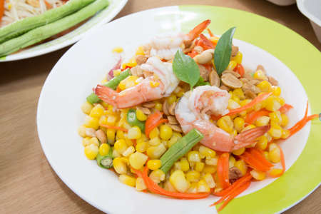 corn salad with fresh vegetable and shrimpの写真素材