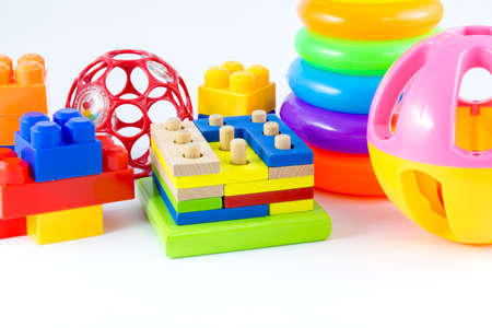 variety of toys on white backgroundの写真素材
